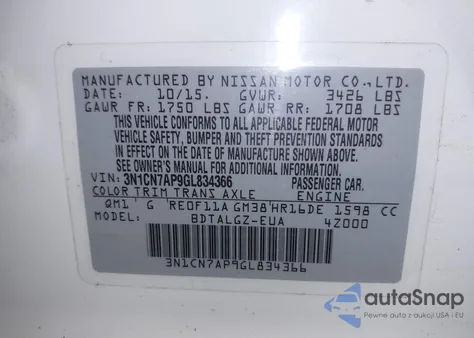 2016 Nissan Versa 1.6 Sl z USA, uszkodzony, nr VIN 3N1CN7AP9GL834366